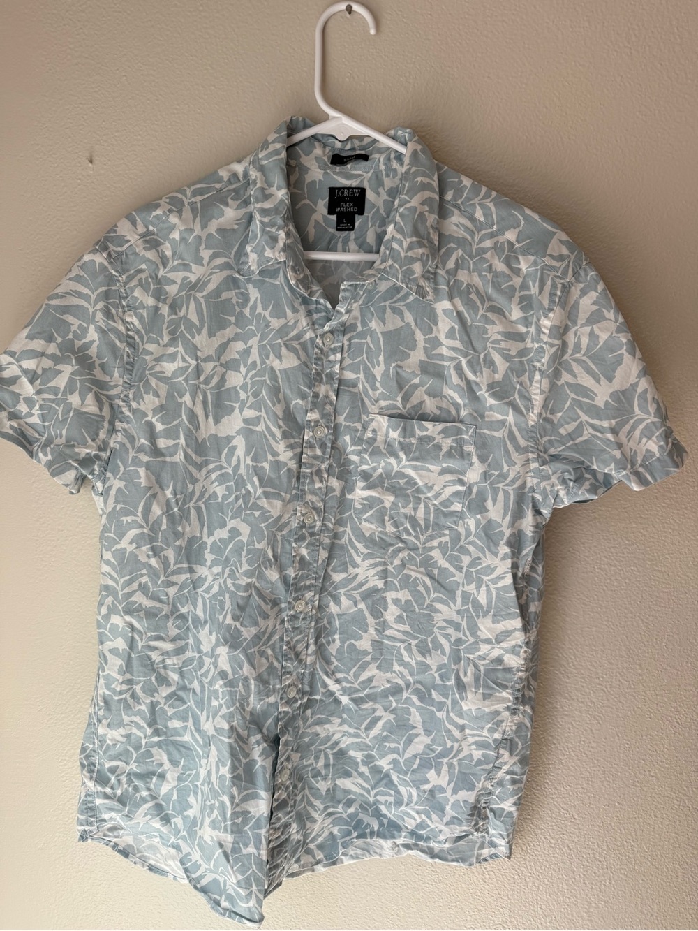 J. Crew Light Blue and White Short-Sleeve Leaf Print Button-Down Shirt
